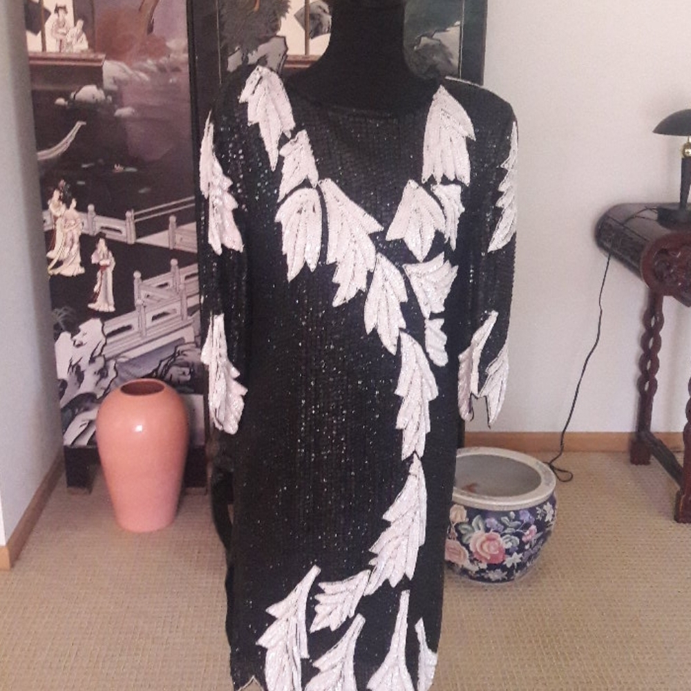 Black & White Beaded Sequin Silk Lined Dress